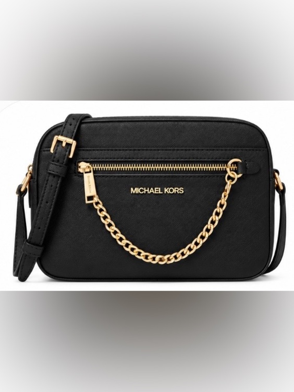 MICHAEL KORS Black Saffiano Leather Crossbody with Gold Chain